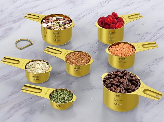 Wildone Gold Measuring Cups & Spoons Set of 21 - Includes 7 Stainless Steel Nesting Measuring Cups, 8 Measuring Spoons, 1 Leveler & 5 Mini Measuring Spoons, Ideal for Dry & Liquid Ingredients