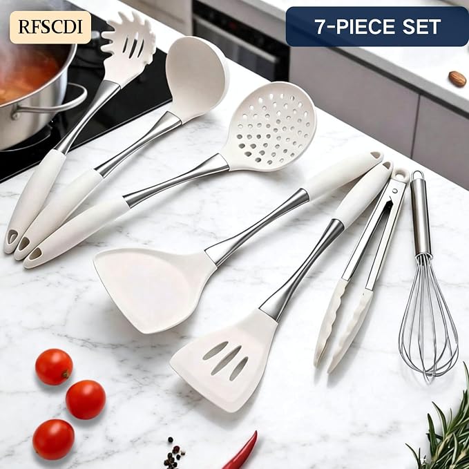 White Silicone Cooking Utensils Set-Non-Toxic, Heat Resistant, BPA Free Kitchen Utensils Set with Spatula, Spoon, Whisk & Tongs-Non-Stick& Dishwasher Safe for Nonstick Cookware