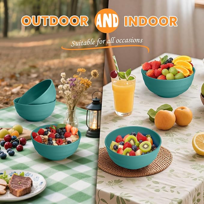 Large Bowls for Eating: Set of 8 Unbreakable 60oz Wheat Straw Bowls, Non-Plastic & Microwave Safe for Everyday Salad, Soup & Oatmeal (Green)