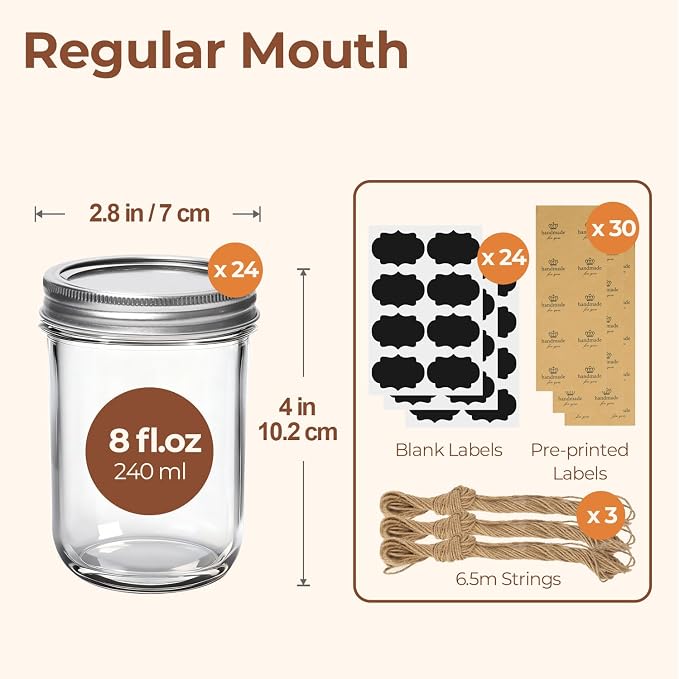 ComSaf 8 oz Mason Jars Bulk Set, 24 Pack Small Regular Mouth Jars with Lids | BPA-Free Materials, Half-Pint Portions, Small Jam, Jelly, Honey Sample, Spice Rack, DIY Candles, For Big Canning Project