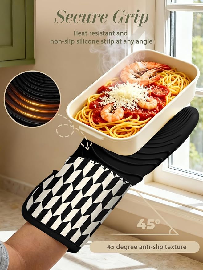 Slohif Long Silicone Oven Mitts Heat Resistant for Women - 2 Pcs Black-White Geometric 100% Cotton Oven Gloves, Non-Slip and Waterproof Silicone Oven Mitts with Hanger for Baking and Cooking