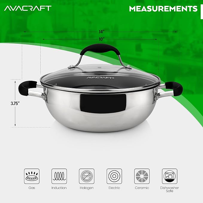 AVACRAFT Nonstick Everyday Pan, 9 inch, Ceramic Coating, Stainless Steel, Induction Compatible, Dishwasher Safe | PFAS-Free Ceramic Coating, Stainless Steel Body, Deep Multipurpose Design, Induction Compatible, Dishwasher Safe