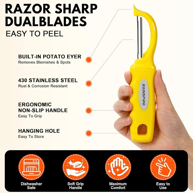 Rainspire Vegetable Peeler Potato Peelers for Kitchen, Sharp Stainless Steel Blades Veggie, Comfortable Handle Fruit Peeler, Carrot Peeler Apple Peeler Dishwasher Safe, Yellow, 2-Pack