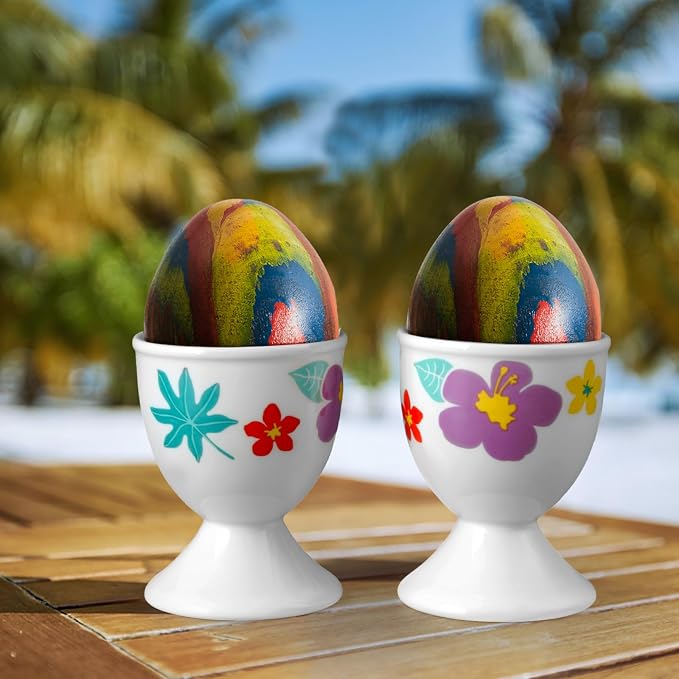 Cinf Easter Ceramic Egg Cups, Set of 2, Hawaii Flower Egg Holders | 2-piece ceramic egg cup set, festive floral design, easy to clean, perfect for boiled eggs, breakfast and Easter tables