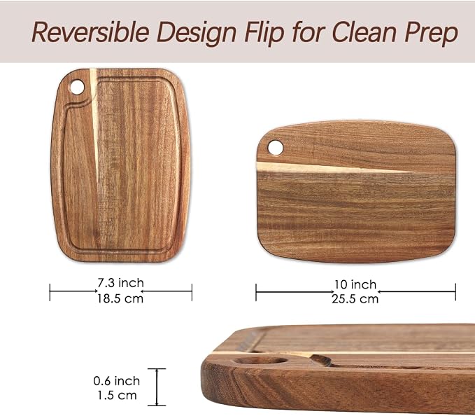 Donxote Acacia Wood Cutting Board, Reversible Small Cutting Board with Juice Groove & Hanging Hole, 10" x 7.3" Wooden Kitchen Prep Board