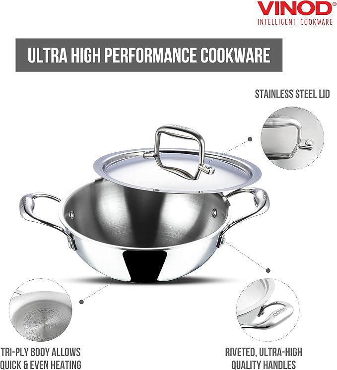Vinod Platinum Triply Kadai with Lid, Extra Deep, 26cm, for Home Kitchen | Induction And Electric Friendly Stainless Steel Wok; Suited For Indian Sauces, Stews And Soups