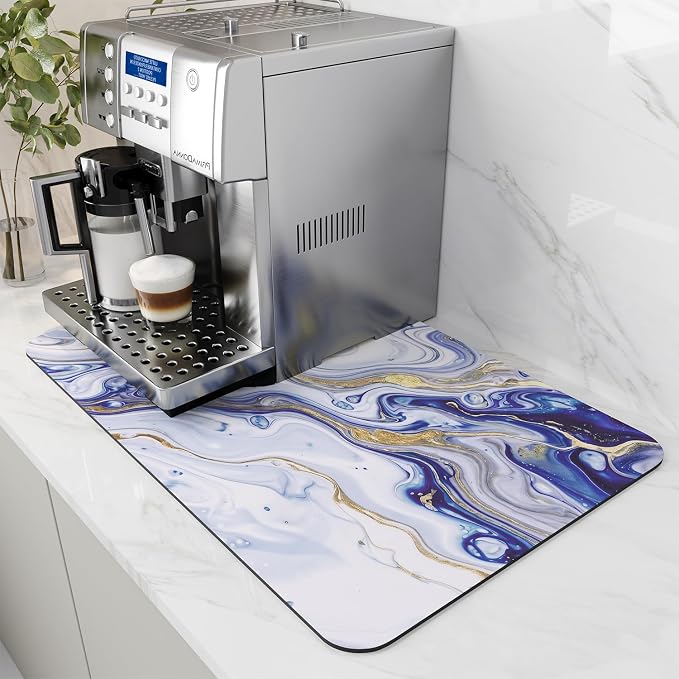 AMOAMI Dish Drying Mat for Kitchen Counter-Coffee Mat Bar Accessories, Hide Stain, Rubber Backed, Absorbent, Fit Under Coffee Maker, Espresso Machine, Pot, Dish Rack,(16X24,Marble,Blue)