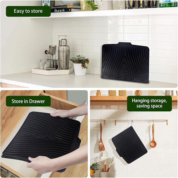 Silicone Dish Drying Mat for Kitchen Counter, 16" x 13" Black-1pcs | Heat Resistant & Non-Slip Dish Drain Pad with Built-In Drain, Quick-Dry, Hangable & Roll-Up for Storage，Multi-Functional Use