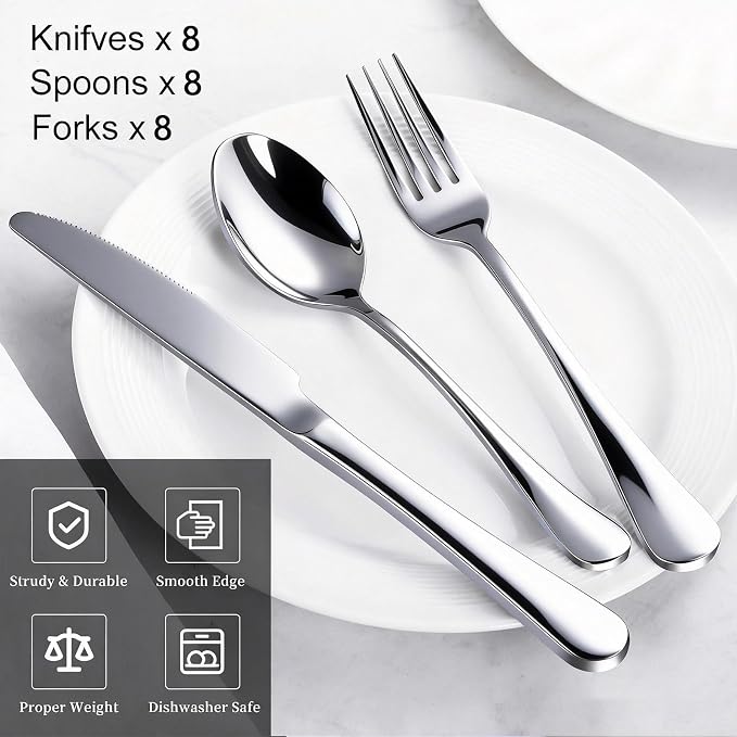 24-Piece Silverware Set for 8 - Stainless Steel Flatware Cutlery Set Service for 8, Mirror Polished Flatware Set Include Forks Spoons Knives for Home, Wedding, Restaurant, Dishwasher Safe