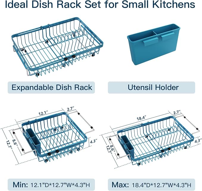Blue Dish Drying Rack Over The Sink with Utensil Holder | Expandable Stainless Steel Dish Drainer for Small Kitchen, Apartment, RV, Counter Space Saving, Perfect Fit, Rustproof