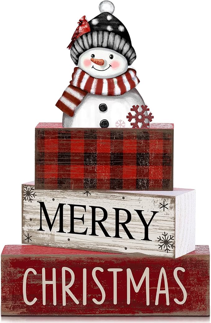 Lineshading 4 Pcs Christmas Table Decoration Wooden Snowman Decor Christmas Tiered Tray Decor Red Buffalo Plaid Block Signs Snowman Table Centerpiece Farmhouse Winter Decoration for Home Kitchen Shelf