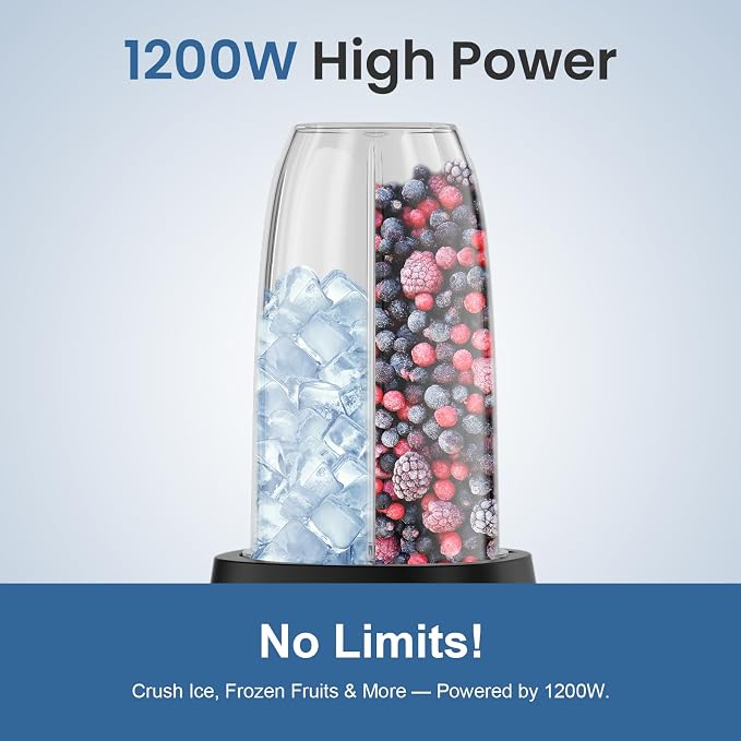 Colarlemo 1200W Smoothie Blender, Personal Kitchen Blender, Ice Crushing | 25000 RPM, Dishwasher Safe, 12Pcs, 6-Leaf Blade×2, 3 Cup Sizes, Smoothie Maker Grinder Frozen Drinks Nuts, Sand Black