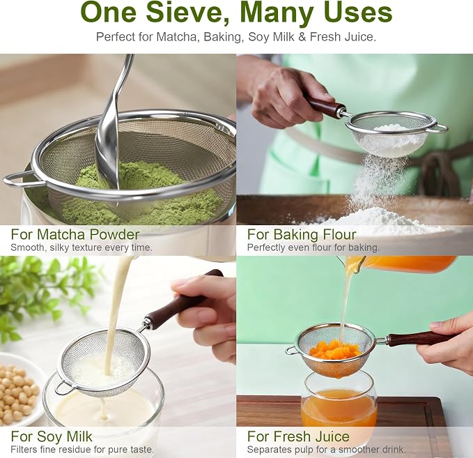 Matcha Sifter - Precision 30-Mesh Stainless Steel Fine Powder Strainer, Wooden Handle, 3-Inch Small Metal Sieve for Tea Ceremony & Cocoa, Hand Wash Recommended