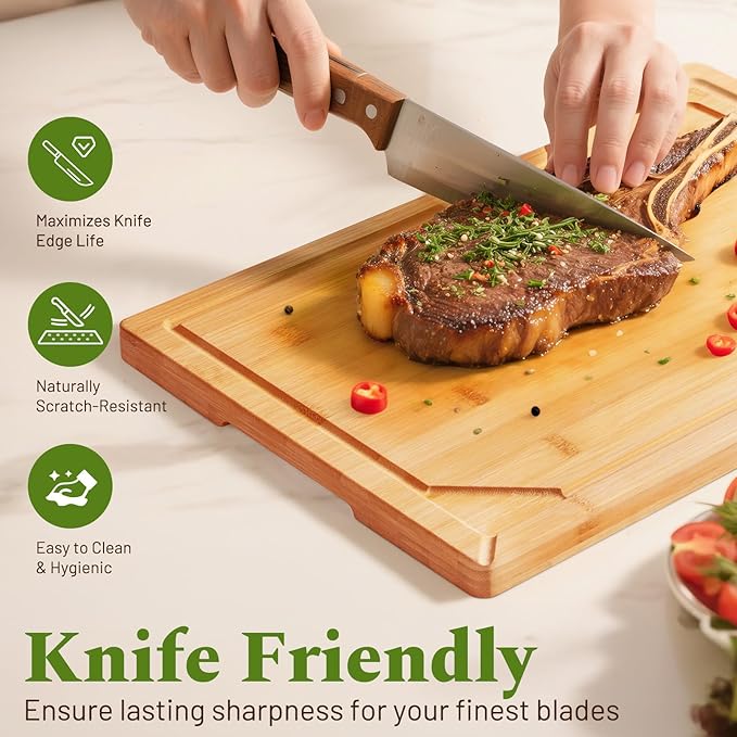 Kikcoin 3+1 Piece Self-Draining Bamboo Cutting Boards, Wooden Cutting Boards for Charcuterie, Vegetables, Cheese, Bread, Extra Large Chopping Boards with Deep Juice Groove and Handle, Natural