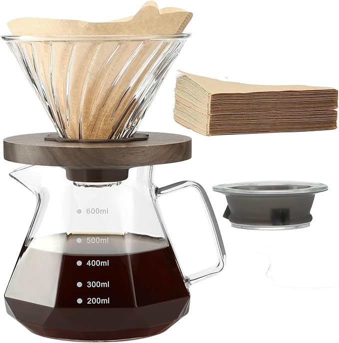 Lalord Pour Over Coffee Maker, 20 oz Borosilicate Glass Carafe with 100 pcs V60 Paper Filter, Walnut Handle & Glass Lid, Drip Coffee Maker for Home Café Restaurant Camping, 600 ml, Clear
