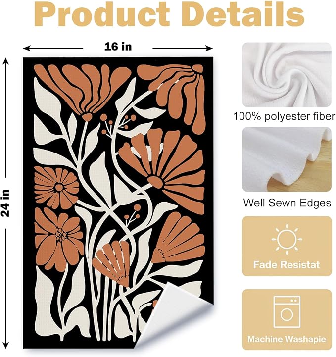 Abstract Boho Black and Beige Brown Floral Kitchen Towels Set of 2, 70s Retro Groovy Botanical Dish Tea Towels for Kitchen Bathroom Decor, Mid Century Modern Hand Towels, 16x24 Inch