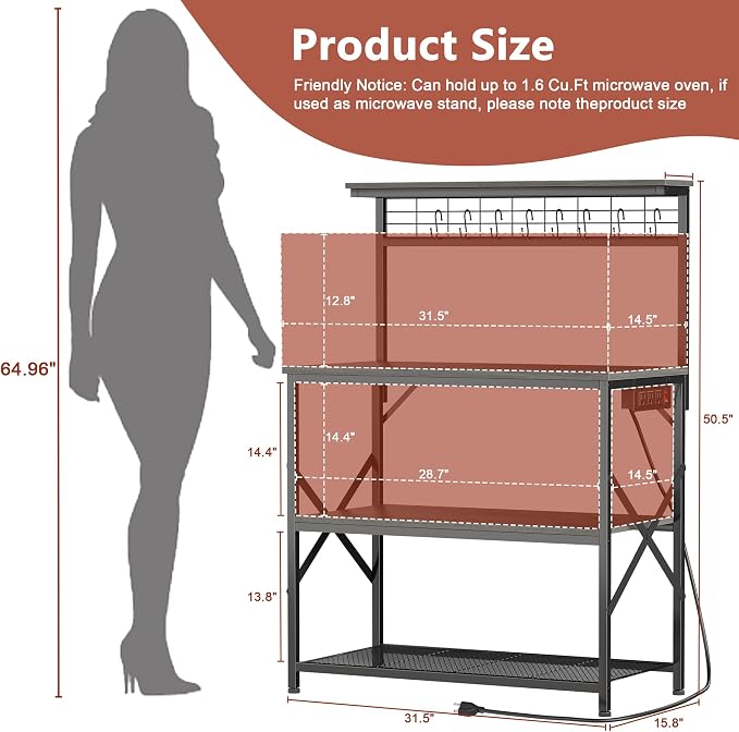 Furologee Kitchen Bakers Rack with Power Outlet,Coffee Stand with Storage 4 Tiers,Coffee Bar Station with a 31.5 Inch Larger Desktop and 8 S Hooks,Kitchen Microwave Rack for Spices,Pots,Black Oak