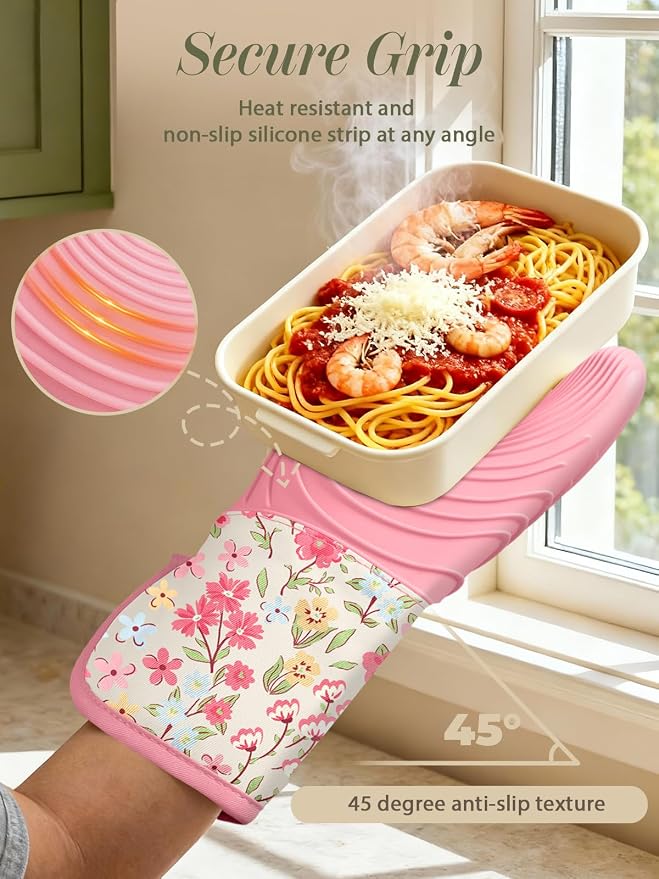 Slohif Long Silicone Oven Mitts Heat Resistant for Women - 2 Pcs Pink-Green Flower 100% Cotton Oven Gloves, Non-Slip and Waterproof Silicone Oven Mitts with Hanger for Baking and Cooking