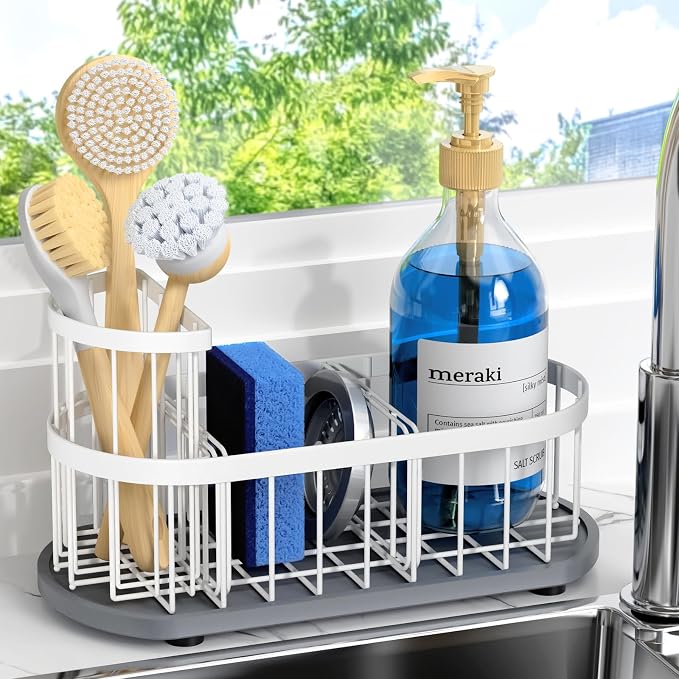 Sink Caddy Kitchen Sink Organizer, Sponge & Brush Holder, Stone Drying Mat | Space-Saving Sink Sponge Holder with Full-Size Tool Storage, Fits Most Sinks, Kitchen Sink Accessory and Countertop Organizer