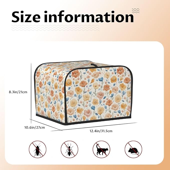 4 Slice Toaster Cover Flower Pattern Vintage Dust Proof Washable Kitchen Appliance Cover with Pocket, Oxford Fabric Countertop Toaster Protector for Standard Toasters Small Appliances