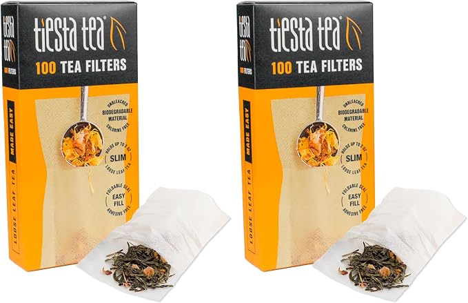Tiesta Tea Loose Leaf Filters for Brewing, Disposable Infuser for Hot & Iced Drinks, Easy-Fill Steeper, Unbleached Paper, Single-Cup Infuser for Loose Leaves, 100 Empty Bags (Pack of 2)
