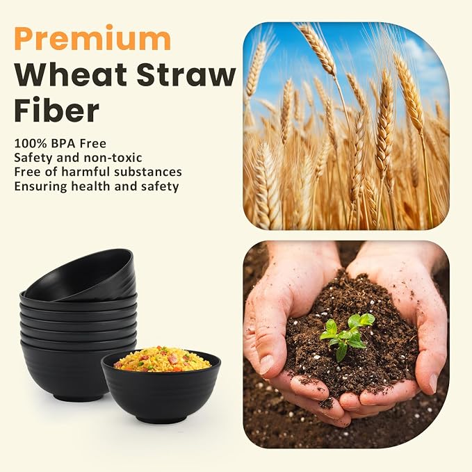 Cereal Bowl Set, Wheat Straw Bowls for Kitchen, Unbreakable Lightweight Bowl Set of 8, Microwave and Dishwasher Safe Bowls, Reusable Bowl for Serving, Cereal, Snack,Fruit(Black, 26 OZ)