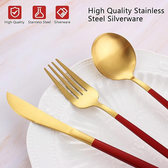 VANVRO Matte Red Gold Silverware Set, 20-Piece Stainless Steel Flatware Set, Satin Finish tableware Cutlery Set, Service for 4, Home and Restaurant, Dishwasher Safe