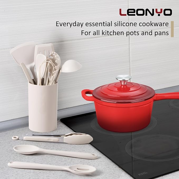 Enameled Cast Iron Sauce Pan with Lid, Leonyo 2 Quart Saucepan with Lid, Enamel Cast Iron Dutch Oven Kitchen Cookware for All Cooktops Making Pasta Sauce, Milk, Oatmeal - Up to 500°F & 6.7Lbs, Red