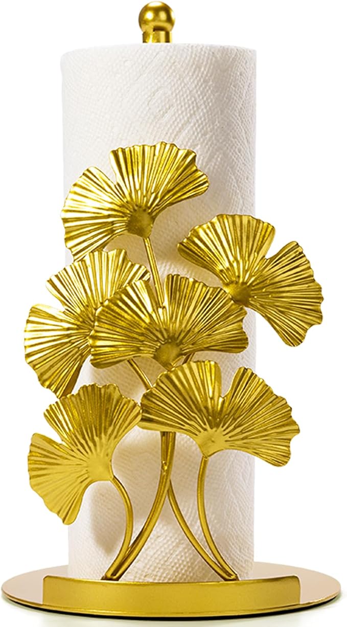 Vintage Gold Ginkgo Paper Towel Holder Countertop - Gold Kitchen Decor and Accessories, Luxury Housewarming Gifts for Women, 3D Ornate Leaf Textured, Retro Design Home Decor, Weighted Base & Felt Pad