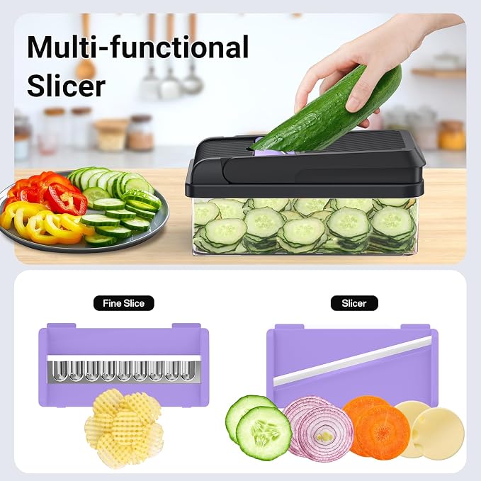 15-in-1 Vegetable Chopper with 10 Blades, Food Veggie Cutter, Purple | Includes Egg Separator, Food Container and Finger Guard, Non-slip Base, for Chopping, Slicing, Shredding, and Mincing