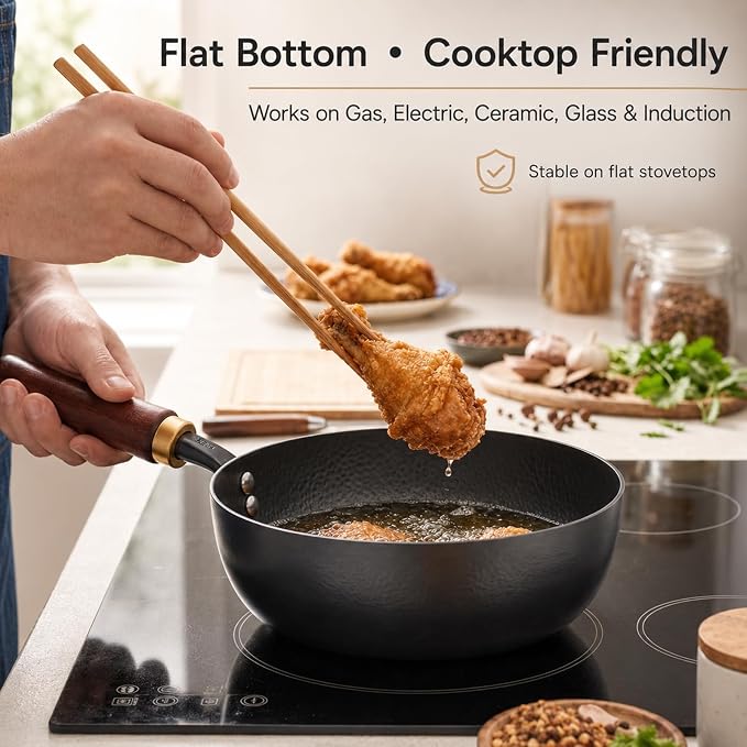 7.8-Inch Small Carbon Steel Wok with Wooden Lid, 1.6QT | Cold-Forged Flat Bottom, Coating-Free Carbon Steel, Induction Ready, Compact Size for Eggs, Ramen, Soup and Oatmeal