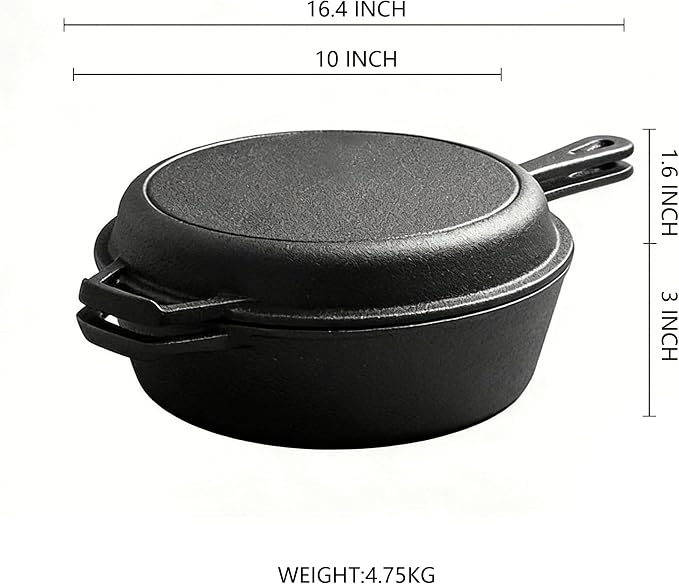 Cast Iron Double Dutch Oven Pot with Skillet Lid, Cast Iron Combo Cooker, Skillet with Lid, Deep Pot with Frying Pan for Bread Baking, Outdoor, Campfire Cooking (3 Quarts)