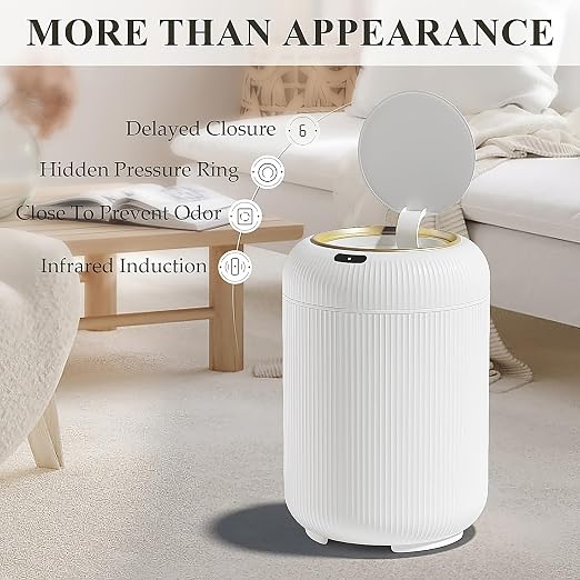 Automatic Motion Sensor Bathroom Trash Can with Lid,White and Gold | 3 Gallon Touchless Trash Bin,Auto Plastic Electric Garbage Cans Small White waste basket for Office, rv, Bedroom, Living Room