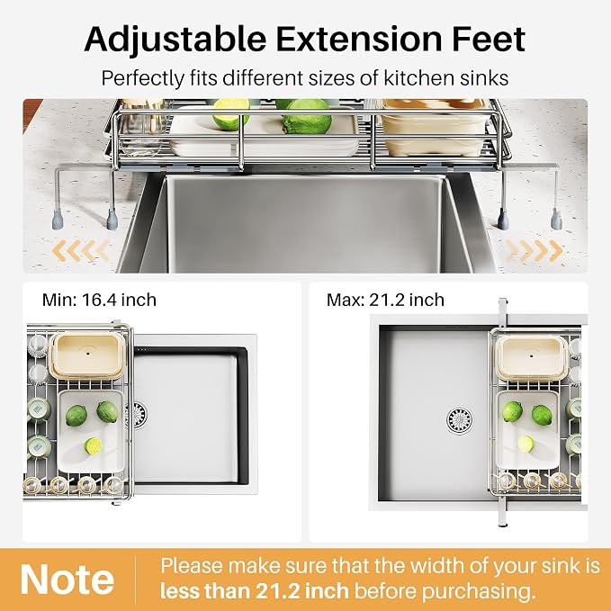 Expandable Dish Drying Rack for Kitchen Counter, Stainless Steel, Silver | Foldable Over Sink, Large Capacity, Adjust to Fit Most Sinks, Angled Drainboard, Removable Utensil Holder, Slip Resistant
