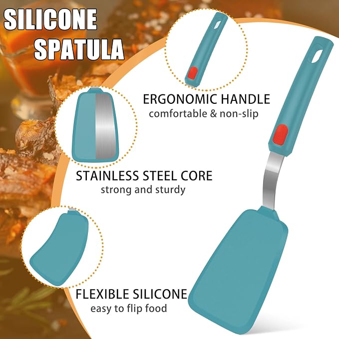 Beijiyi Silicone Spatula Turner Set of 3, 600°F Heat Resistant (Blue) | Flexible Spatulas for Nonstick Cookware, Cooking, Flipping, Egg & Pancake, BPA Free Kitchen Utensils, Dishwasher Safe