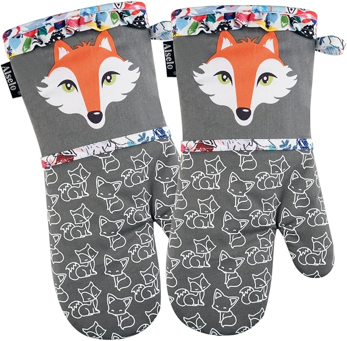 Alselo Oven Mitts 1 Pair, Silicone Printed Kitchen Mittens,7"x13.5" | Heat Resistant & Non-Slip Oven Gloves, Fashion Animal Design with Soft Quilted Cotton Lining for Baking Cooking BBQ (Grey 2)