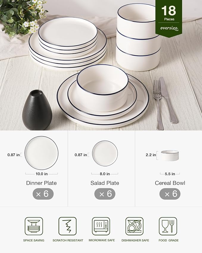 Famiware Porcelain 18-Piece Dinnerware Set, White with Blue Trim | Plates and Bowls for 6, Dishwasher & Microwave Safe, Chip & Scratch Resistant, Ideal for Everyday & Formal Use