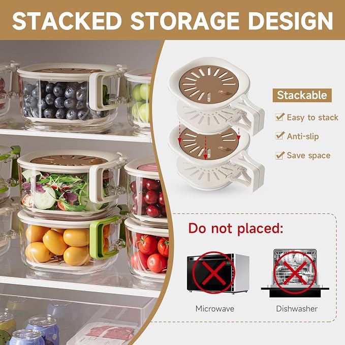 Fruit Vegetable Washing Bowl with Strainer, Multifunctional Produce Washer, Berry Container, Lettuce Keeper for Fridge Refrigerator Organization, Portable Strainers and Colander for Kitchen (Brown)