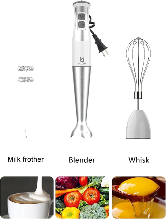 UTALENT 3-in-1 Immersion Hand Blender - Puree Baby Food, Sauces and Soups | 8-speed stick blender, Pure Copper Winding Motor, 5.2 feet power cord, 4-point Ice crush SS blade, Egg whisk, Milk frother
