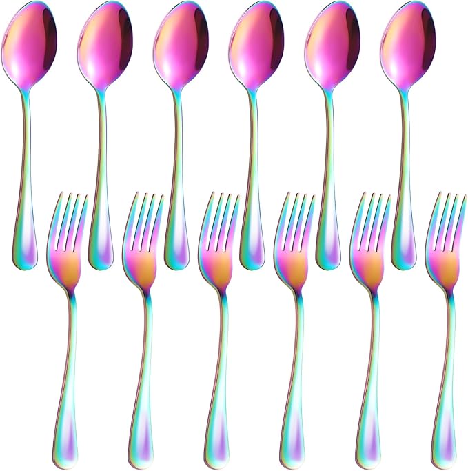 12 Pieces Spoons and Forks Set,Food Grade Stainless Steel Flatware Cutlery Set,6 Forks and 6 Spoons Silverware Set for Home,Kitchen,Restaurant-Mirror Polished & Dishwasher Safe(Rainbow)