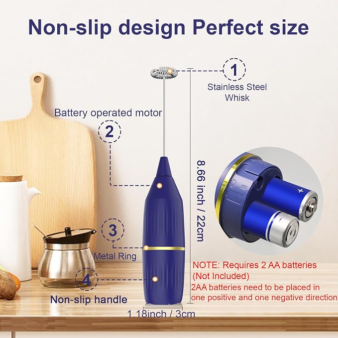 Blue Milk Frother Handheld | Standable No Stand Needed, Battery Operated, Detachable Whisk, Easy Clean, Compact Portable