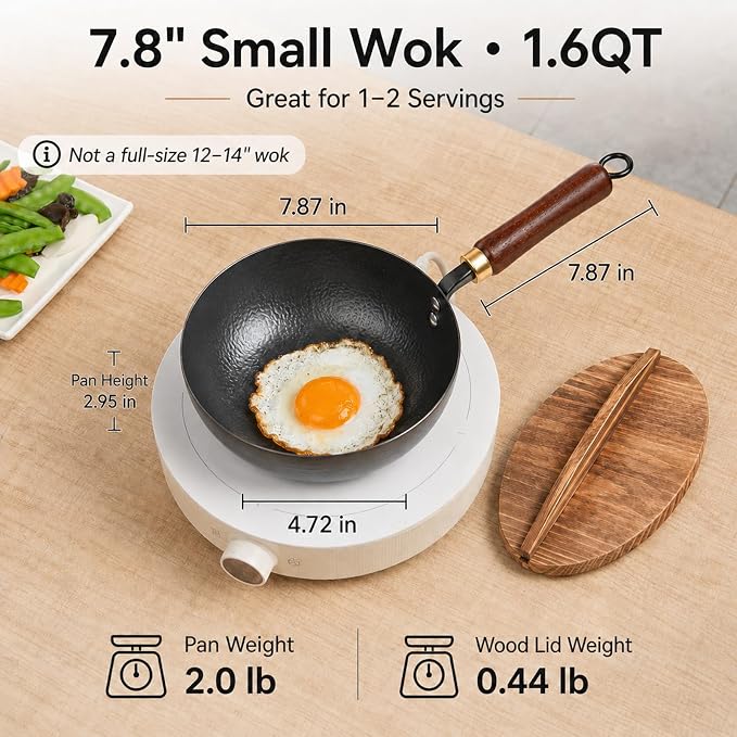 7.8-Inch Small Carbon Steel Wok with Wooden Lid, 1.6QT | Cold-Forged Flat Bottom, Coating-Free Carbon Steel, Induction Ready, Compact Size for Eggs, Ramen, Soup and Oatmeal