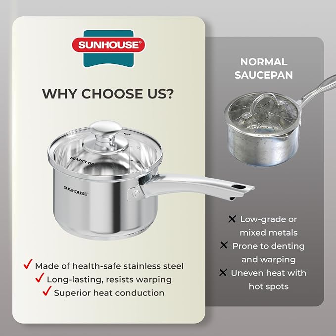 SUNHOUSE 1.5 QT Stainless Steel Sauce Pan with Lid, Small Pot for Cooking | PFOA-Free Uncoated Milk Pan & Butter Warmer, Mini Saucepan with Impact Bonding Base for Induction, Gas, Electric