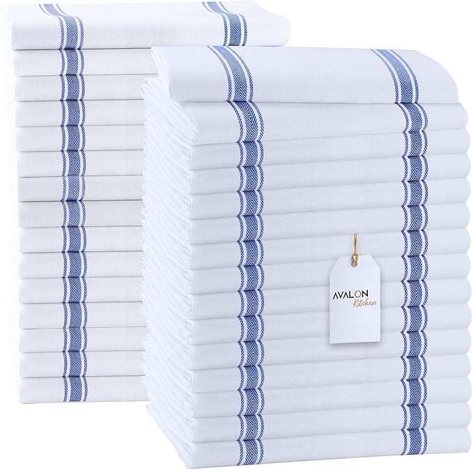 Dish Towels 30 Pack Blue Stripe 100% Cotton Kitchen Towel 15x25 Inch Tea Towels, Dish Cloths for Washing Dishes, Kitchen Rags for Drying Dishes