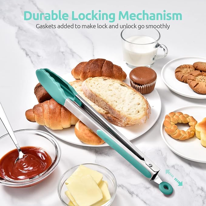 U-Taste Kitchen Tong for Cooking, 600ºF Heat-Resistant Tps, 12in/Aqua Sky | Large Tongs for Serving Food, Big Rubber Tong for Grill/BBQ, Silicone Tips & 18/8 Stainless Steel Handle, Smooth Locking