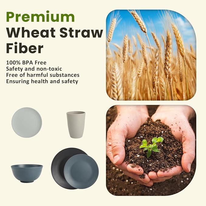Premium 40 PCS Wheat Straw Dinnerware Set - Dinner Plates, Cereal Bowls, Unbreakable Cups Set, Microwave and Dishwasher Safe Dishes Set, Reusable Lightweight Dish Sets for Kitchen(Black Grey)