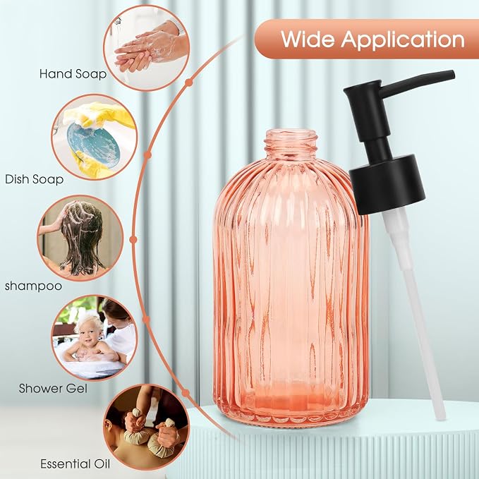 Topsky Stripe Glass Soap Dispenser with Black Plastic Pump, 400ml Liquid Hand Soap Dispenser, Rustproof Pump for Kitchen & Bathroom, Great for Lotions, Essential Oil, Liquid Soaps-Pink Orange
