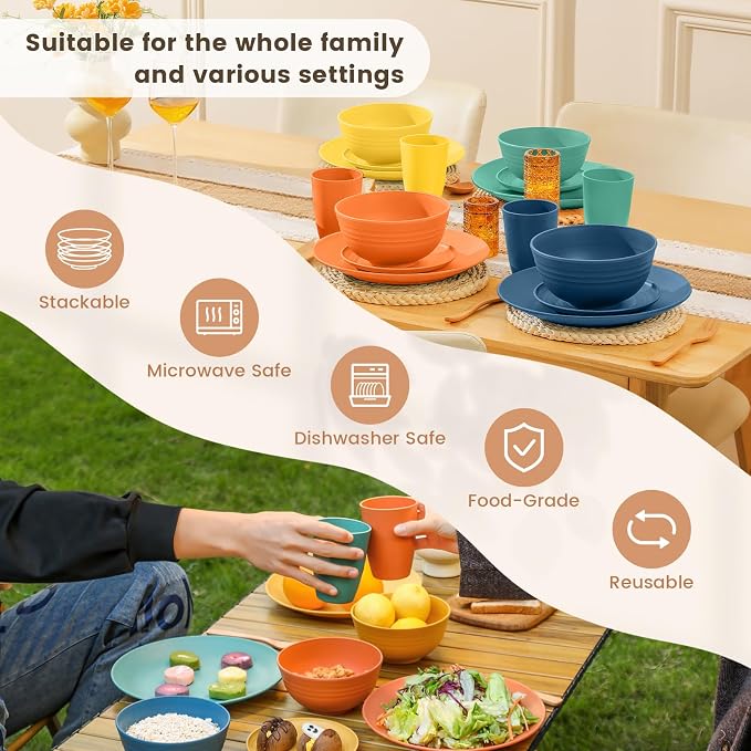 Dish Set Wheat Straw Dinnerware Sets Unbreakable Reusable Dinnerware Set 16 PCS Cups Plates and Bowls Sets, Microwave and Dishwasher Safe Dishes for Camping, Outdoor - Colorful