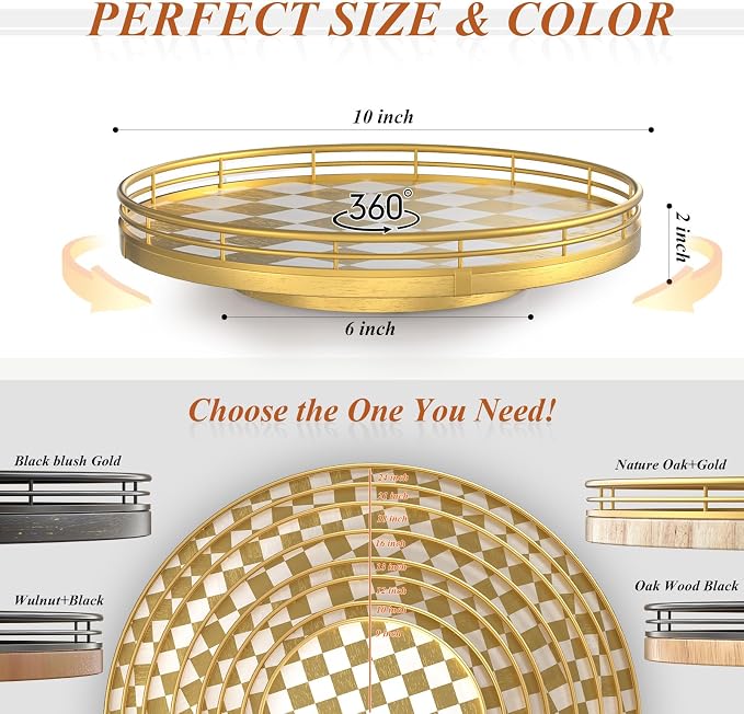 AMH 10-Inch Gold Checkerboard Lazy Susan Vanity Tray with Metal Rail | Smooth rotating oak tray with walnut finish for dining tables, kitchen counters, pantries and cabinet storage.