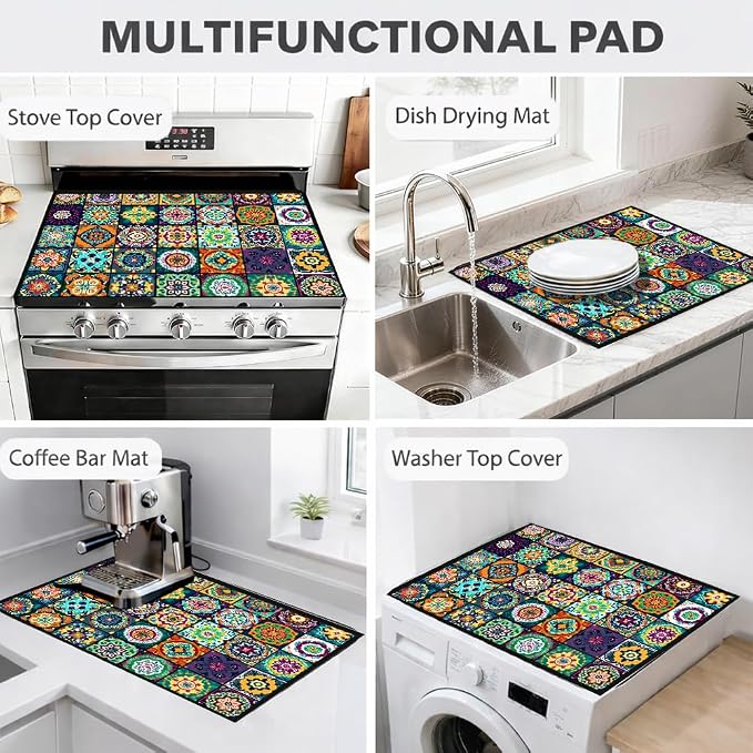 Bohemian Stove Top Cover 28x20 Inch Colorful Pattern Glass Cooktop Cover | Heat Resistant Cooktop Protector Mat with Non-Slip Backing, Scratch Protection and Countertop Drying Mat.
